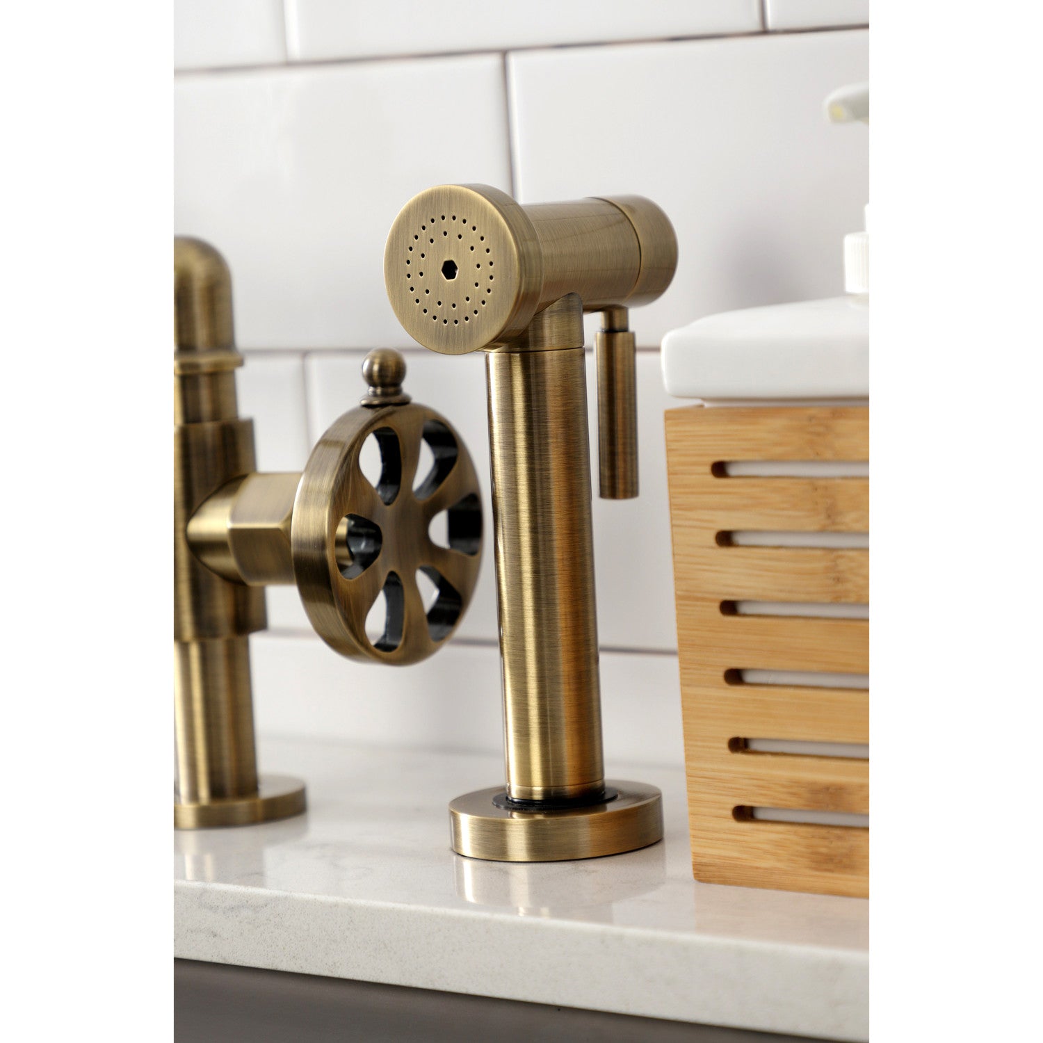 Kingston Sona KS2333RX - Belknap Two-Handle 4-Hole Deck Mount Industrial Style Bridge Kitchen Faucet with Brass Sprayer, Antique Brass — thumbnail 3